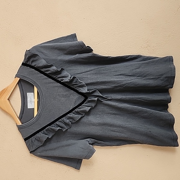 THE GREAT Tuxedo Ruffle Tee 1 S 4 6 Small Charcoal Gray Black Velvet CURRENT - Picture 11 of 13